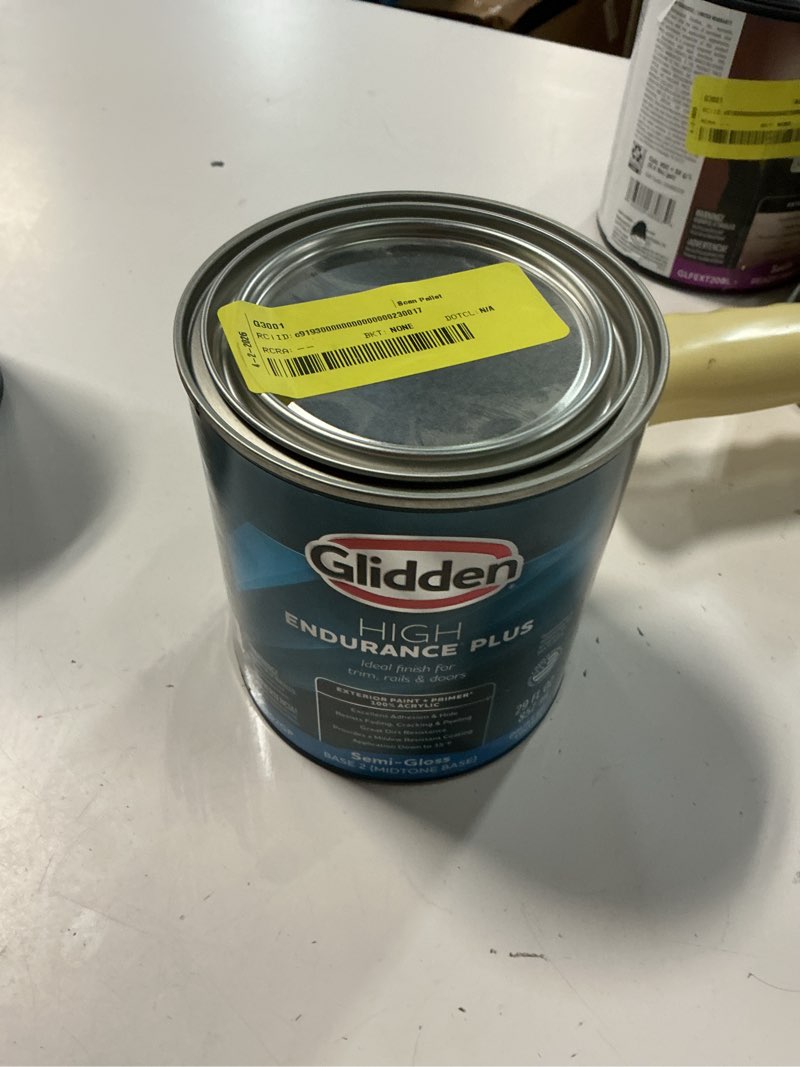 Condition photo showing As Is for glidden hep exterior paint and primer all in one, dyeable, semi gloss (base 2,midtone base, 1 quart