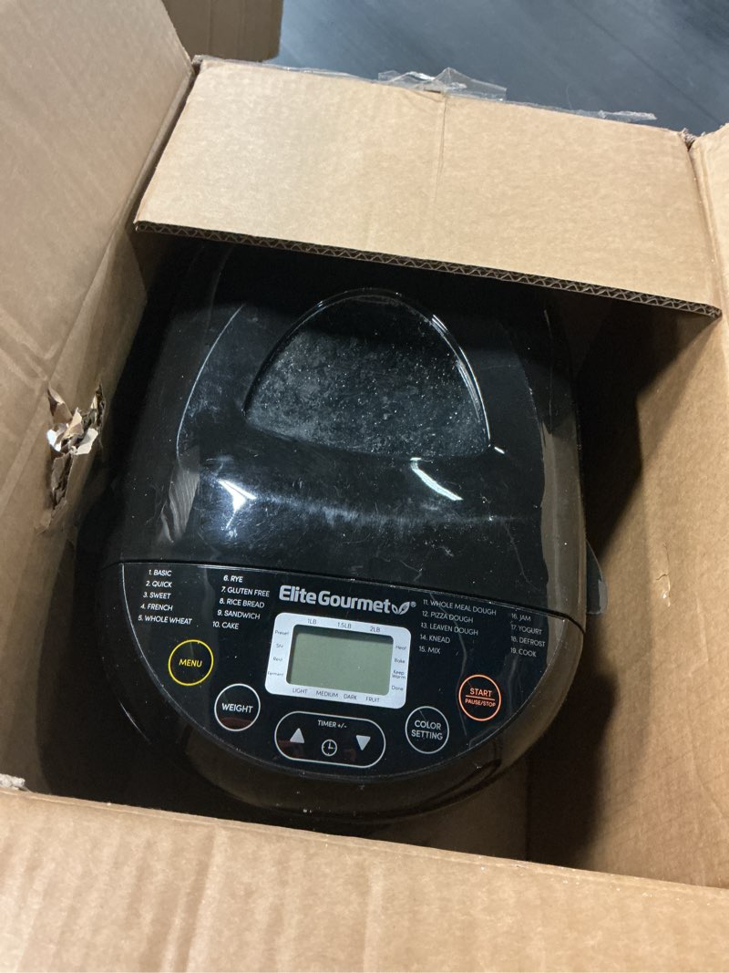 Condition photo showing As Is for elite gourmet programmable bread maker, 2 lb loaf, 3 sizes, 19 presets incl. gluten-free, dough & jam, delay timer, black