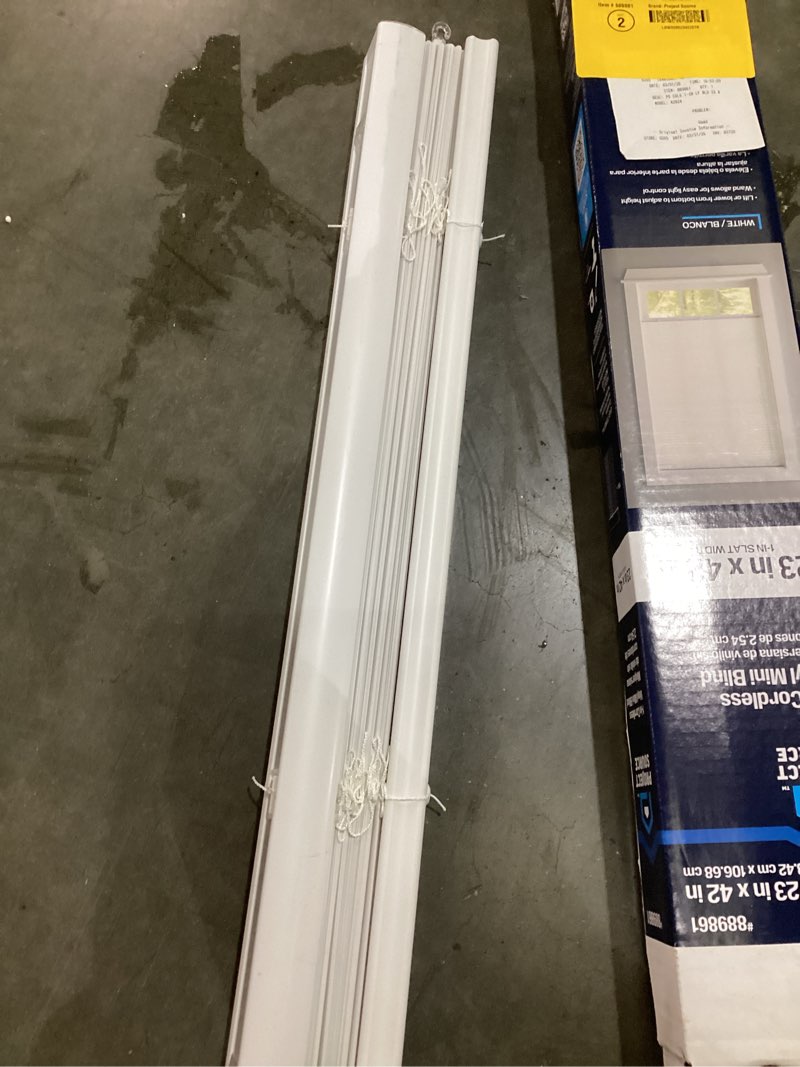 Condition photo showing As Is for project source light filtering 1-in slat width 23-in x 42-in cordless white vinyl light filtering mini-blinds