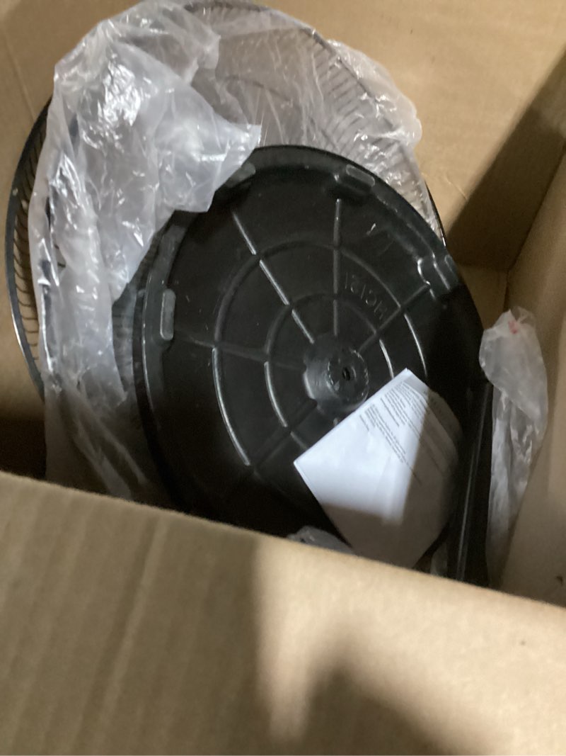Condition photo showing As Is for (similar to) comfort zone 18 inch high-velocity heavy-duty industrial floor fan, 3 speeds, metal construction and aluminum blades, carry handle, rubber feet, ideal for garage, workshop, or industrial spaces, black 18\"