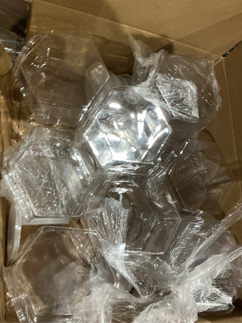 Condition photo showing Good Condition for hoolerry 16 pcs 30oz plastic candy jars with lids hexagon canister container jar bucket for candy buffet cookies snacks gifts and storage countertop display, 5.19 x 3.07 x 4.72 inch