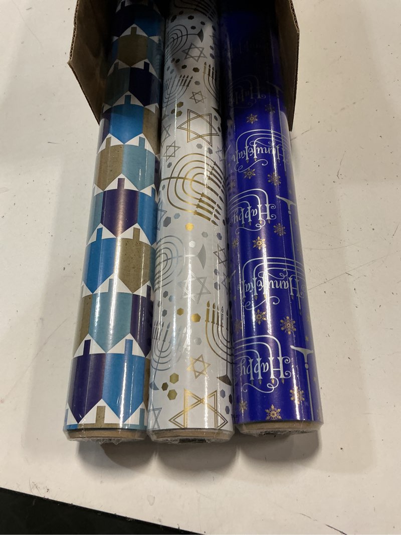 Condition photo showing New/Like New for hallmark tree of life hanukkah wrapping paper bundle with cut lines on reverse, blue and white (pack of 3, 140 sq. ft. ttl.)