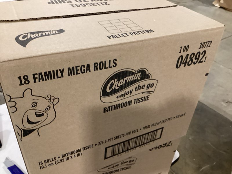 Condition photo showing New/Like New for charmin ultra soft cushiony touch 2-ply toilet paper, 18 family mega rolls = 90 regular rolls, white family mega 18 rolls (267 sheets)