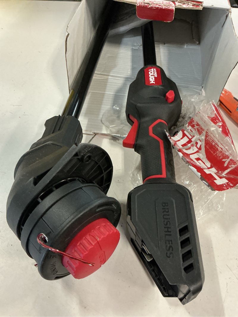Condition photo showing As Is for hyper tough 20v 13  brushless string trimmer with rapid reload trimmer head  ht22-401-03-02