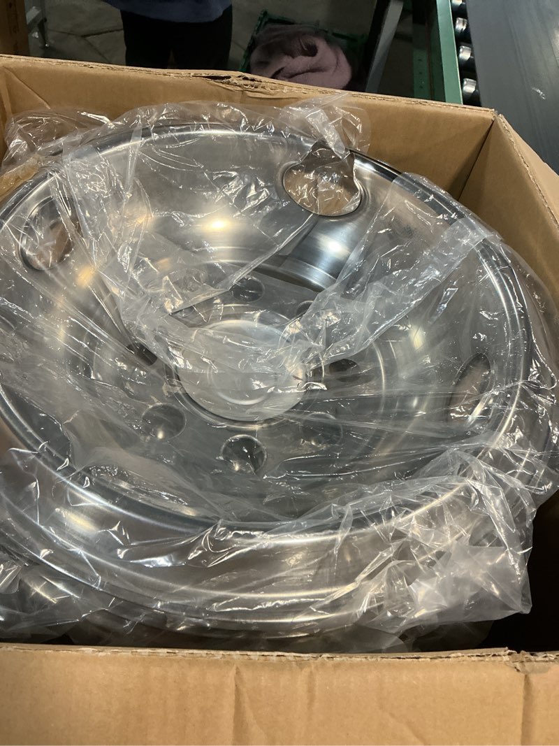 Condition photo showing New/Like New for hightall 16 wheel simulators, 16" 8 lug stainless steel rv hubcaps,polished surface,2pcs front wheel/2pcs rear wheel,bolts on wheel cover set compatible with ford 2008-2024 e-350/e450 dual rear wheel 16“ for 2008-2025 e350 e450