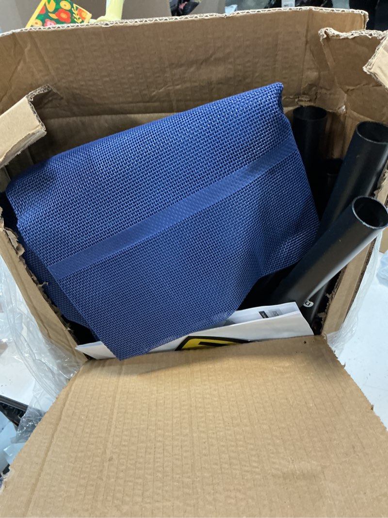 Condition photo showing As Is for elevated dog bed raised outdoor dog cot for medium dogs, installation requires no tools, frame with washable cooling breathable mesh anti-slip feet, indoor pet bed, blue, 35.4 inches m-35.4"l×25.6"w×7.9"th blue