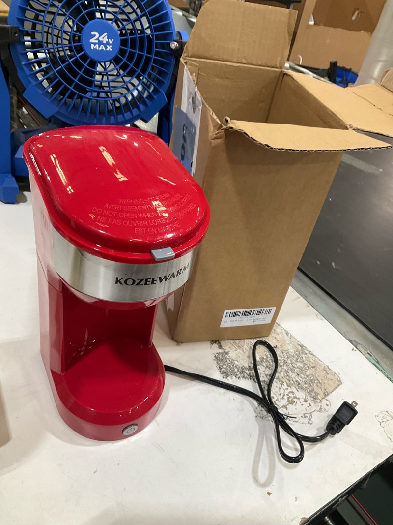 Condition photo showing As Is for single serve coffee maker, 2 in 1 brewer for k pod & ground coffee, 90s rapid brew 6 to 14oz capacities with auto shut off, small compact design for home office travel camping (red)