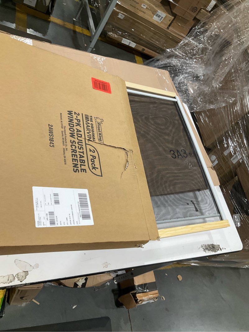 Condition photo showing As Is for incomplete, missing one, frost king 2aws1845 wb marvin adjustable window screen, 18in high x fits 25-45in wide (2 pack), natural