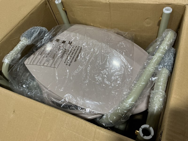 Condition photo showing As Is for probasics drop arm adjustable bedside folding commode chair portable with handles, for elderly, seniors, and disabled people, supports 300lbs, adult potty chair
