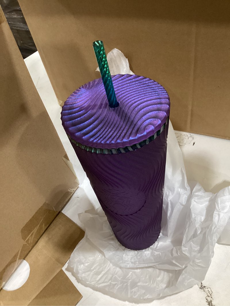 Condition photo showing New/Like New for starbucks wavy plastic cold cup, 4 pack, 24 oz, reusable tumbler with straw and lid, textured wave design, bpa-free, purple with embossed siren logo