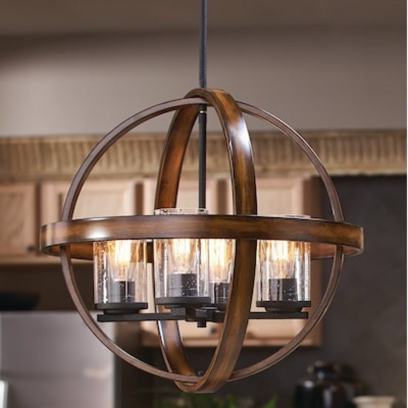 kichler barrington 4 -light distressed black and wood tone farmhouse seeded glass globe
