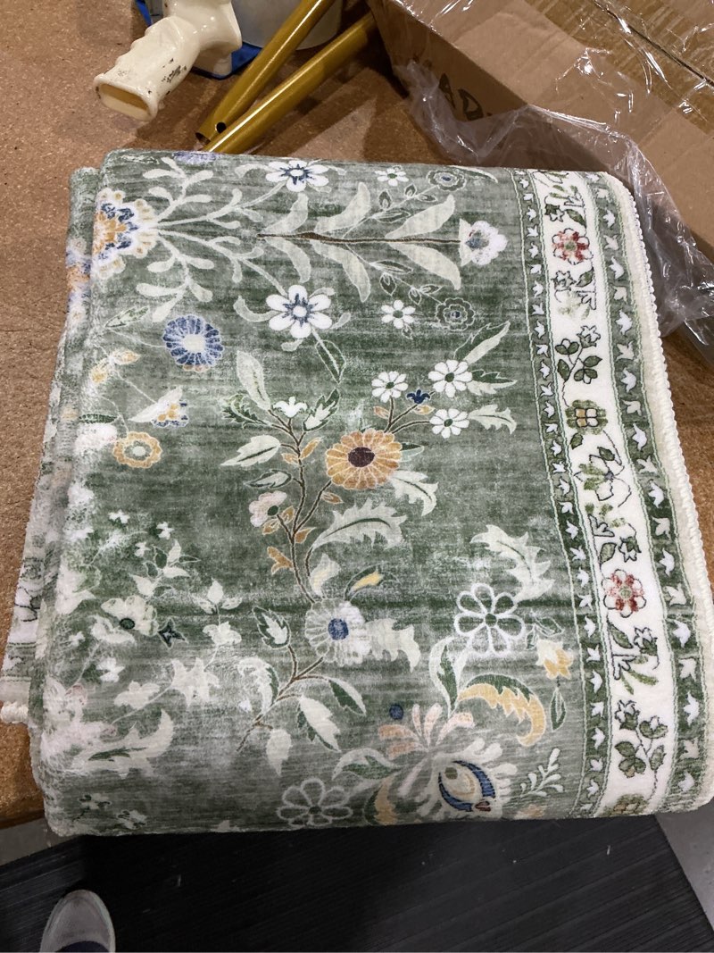 Condition photo showing Good Condition for yamaziot 2x7 washable hallway runner rug non slip floral carpet, sage green | soft boho floral kitchen runner with rubber backing, stain resistant, low pile distressed carpet for kitchen hallway entrance green 2' x 7'