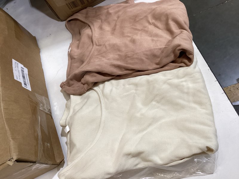 Condition photo showing Good Condition for women's maternity shirts ribbed knit pregnancy short sleeve tops crew neck tunic tees casual summer clothes haze blue, khaki, apricot, black medium