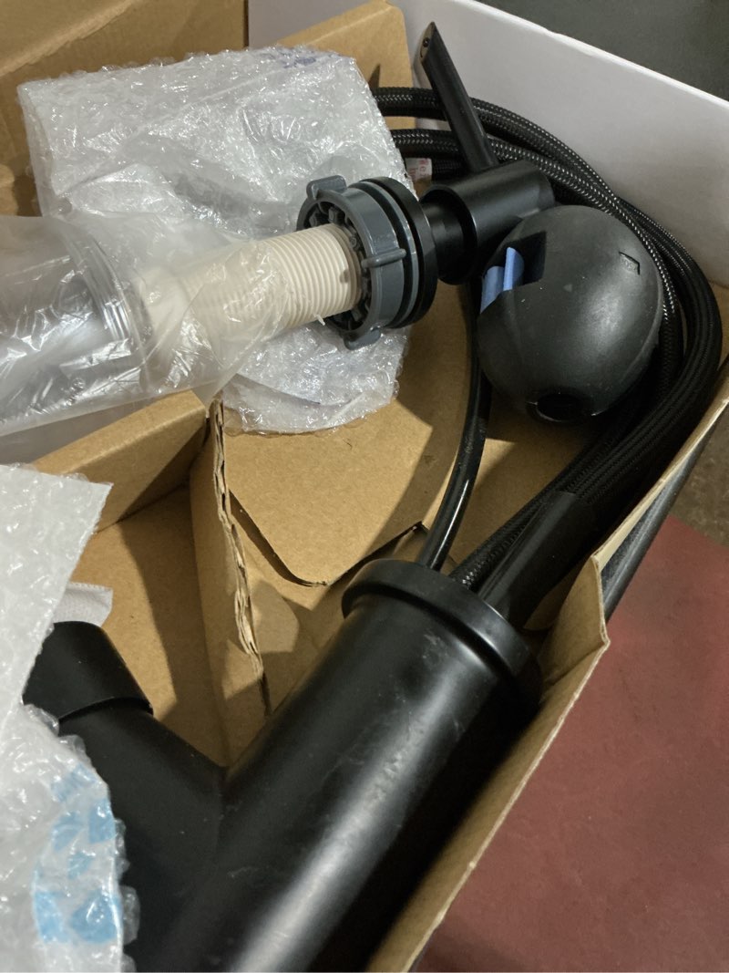 Condition photo showing As Is for allen + roth harlow matte black single handle pull-down kitchen faucet with sprayer (deck plate and soap dispenser included)