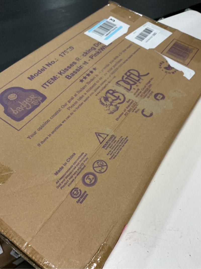 Condition photo showing Good Condition for Badger Basket Kisses Rectangle Rocking Doll Bassinet with Quilted Interior & Storage Basket – Fits Up to 20-Inch Dolls – Pink & White