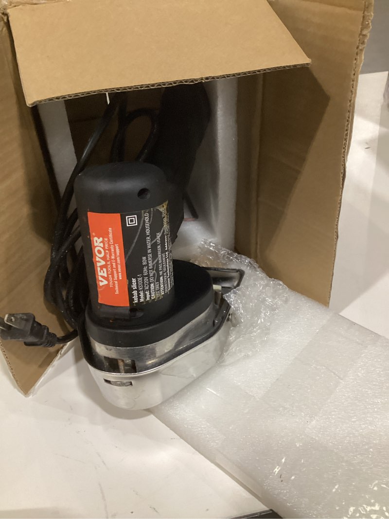 Condition photo showing As Is for VEVOR Electric Shawarma Knife, 80W Professional Turkish Kebab Knife, Commercial Stainless Steel Gyro Cutter, Doner Kebab Meat Slicer with 2 Blades, ?4/100mm Blade Diameter, 0-8mm Adjustable Thickness Corded Wavy Belt