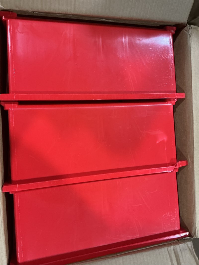 Condition photo showing As Is for akro-mils 30250 akrobins plastic storage bins, space-saving stackable bins for garage, pantry, craft organization, 15" x 16" x 7", red, 6-pack red containers
