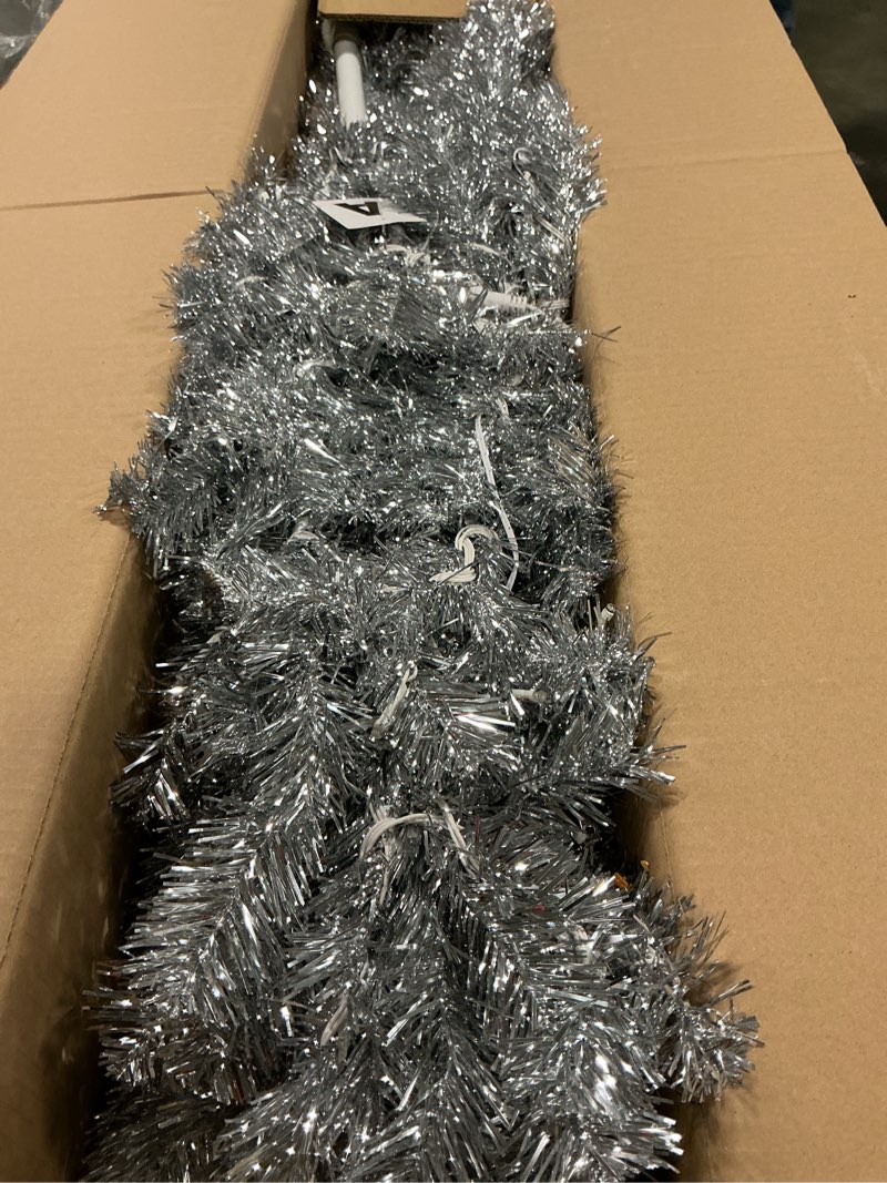 Condition photo showing Good Condition for Decoway Pre-lit Pencil Christmas Tree 7.5ft Artificial Silver Tinsel Xmas Tree with Metal Stand 7ft 6in