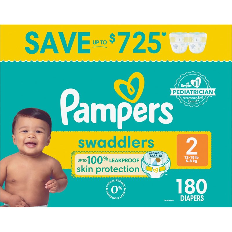 Pampers Swaddlers Diapers  Size 2 (12-18 Pounds)  180 Count