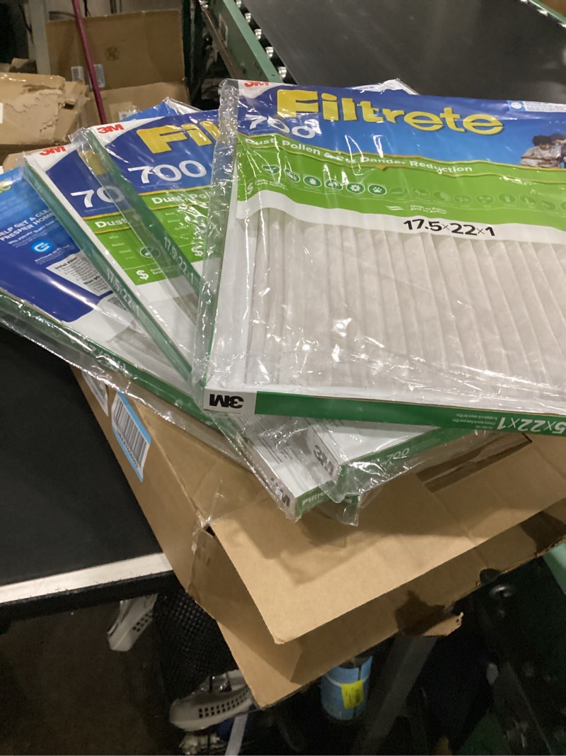 Condition photo showing As Is for (qty 4) filtrete 17.5x22x1 ac furnace air filter, merv 8, mpr 700, tough on pollen, easy on airflow, 3-month pleated 1-inch electrostatic air cleaning filter, (actual size 17.19 x 21.69 x 0.81 in)
