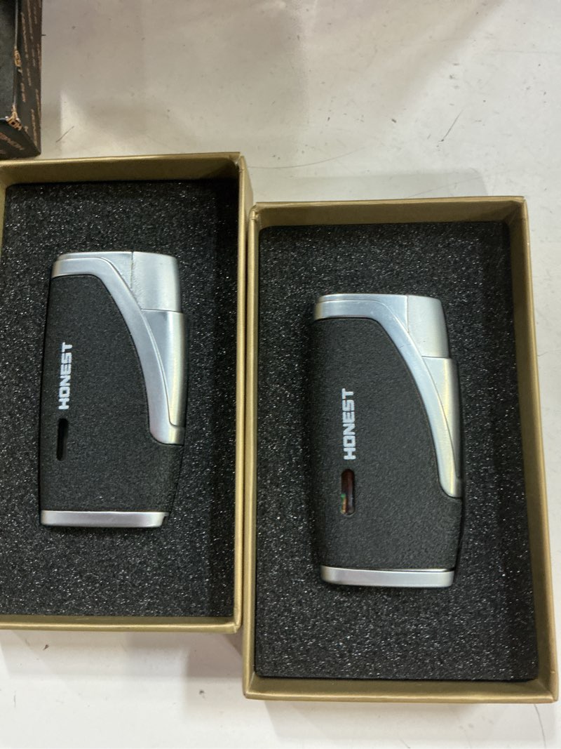 Condition photo showing Good Condition for 2 pack butane torch lighter built-in punch windproof double blue jet flame gas window viewable stylish color gift box (no gas)