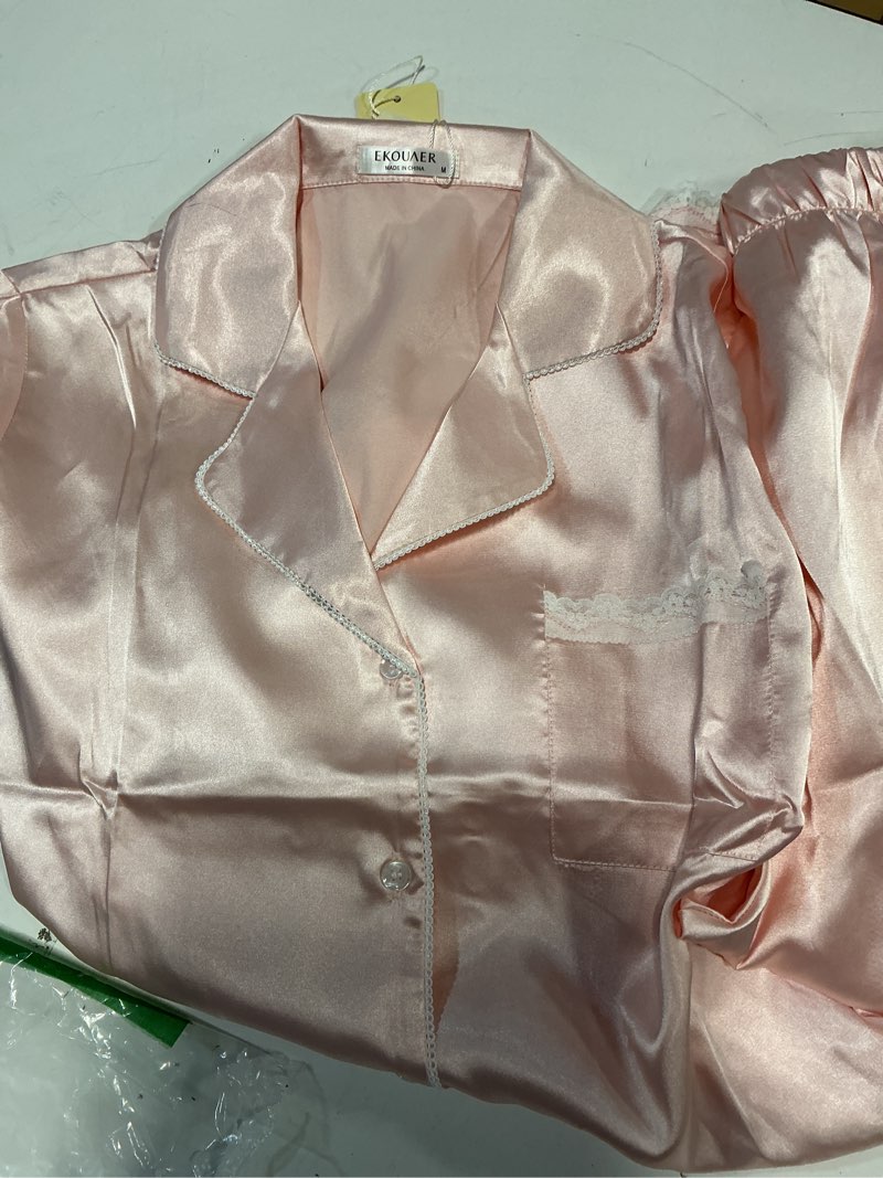 Condition photo showing Good Condition for Ekouaer Satin Pajamas for Women Silk Long Sleeve Sleepwear Button Down Loungewear 2 Pieces Lace Soft Pjs Set Pink Medium