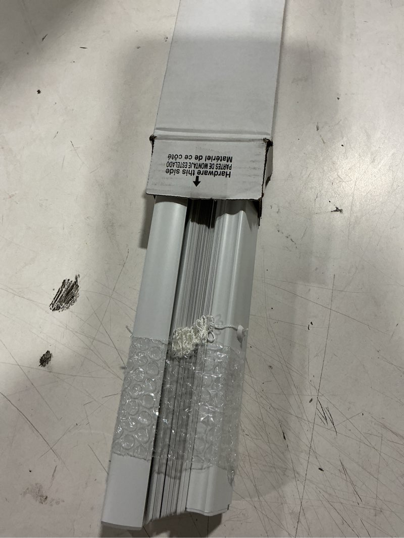 Condition photo showing As Is for project source light filtering 1-in slat width 32-in x 64-in cordless white vinyl light filtering mini-blinds
