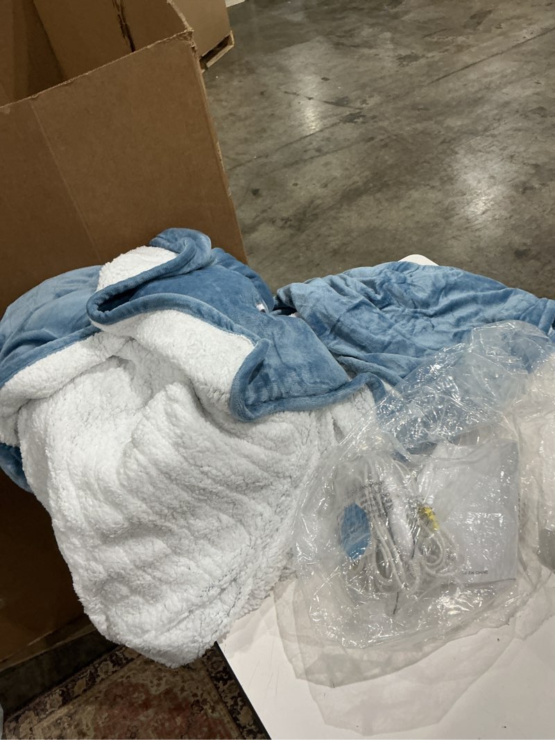 Condition photo showing As Is for marnur heated blanket twin size 62"x 84", flannel & sherpa electric blanket with 10 hours timer, 6 heat settings, machine washable, blue