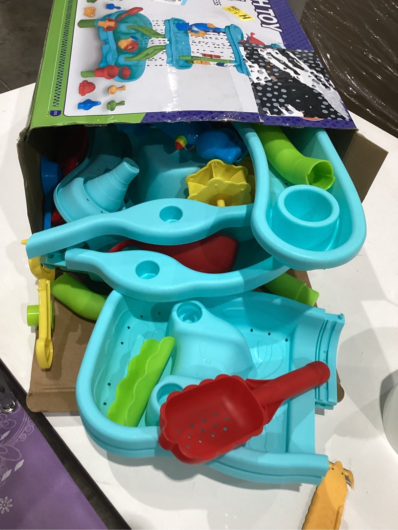 Condition photo showing As Is for 4 -tier kids sand and water table for toddlers - outdoor water sand play table toys for boys girls, summer splash activity sensory table party birthday gift for kids 3-5 6-12 turquoise