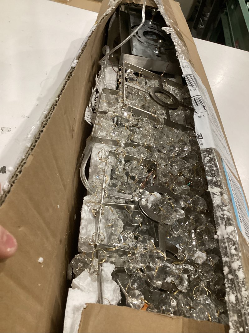 Condition photo showing As Is for wuzups crystal chandelier 4-light linear raindrop pendant ceiling light modern lighting fixture for bedroom dinning room bar kitchen island, h8.7'' w4.7'' l30.5, e12 base, nickel nickel pendant light