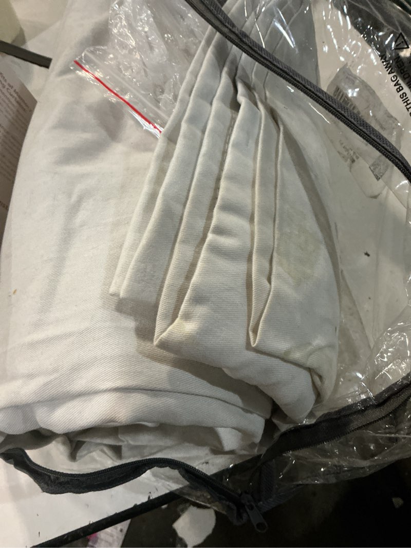 Condition photo showing As Is for beige white pinch pleated 100% blackout linen curtains w60xl108 1 panel | black out with liner, memory trained, pinch pleat with back tab, energy efficient, thermal insulated window drapes 1 panel