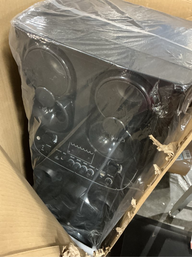 Condition photo showing New/Like New for pyle portable bluetooth pa speaker - 600w dual 10” rechargeable indoor/outdoor bt karaoke audio system -led display, fm/aux/mp3/usb/sd, 1/4" in, handle, wheels -wireless mic, remote control
