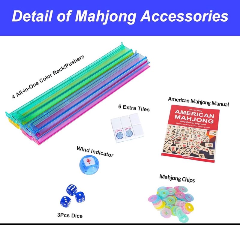 american mahjong game set, 166 blue tiles (1.2”), 4 all-in-one color rack/pushers & drawstring bag, complete mahjong sets with blue printed carrying bag and mahjong tile set accessories
