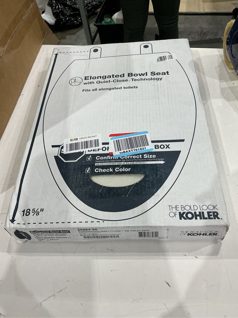 Condition photo showing New/Like New for kohler 4694-96 ridgewood elongated toilet seat, compression-molded wood, color-matched plastic hinges, biscuit biscuit elongated elongated