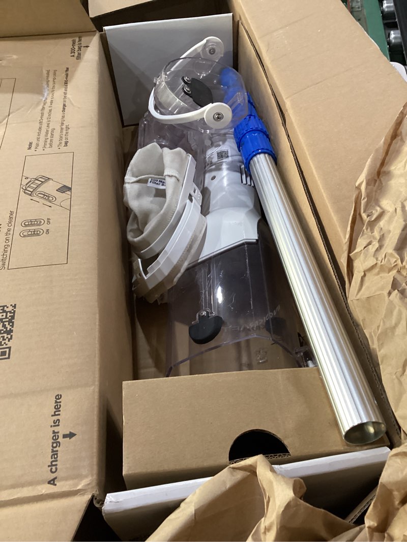 Condition photo showing As Is for inokraft cordless pool vacuum cleaner, rechargeable, handheld pool vacuum for above ground and inground pools, transparent head, 59” extendable pole, for leaves, debris, shallow steps, blue