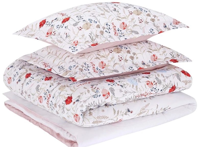 amazon basics full/queen size ultra-soft lightweight microfiber reversible 3-piece bedding comforter set, pink floral, washable pink floral full/queen