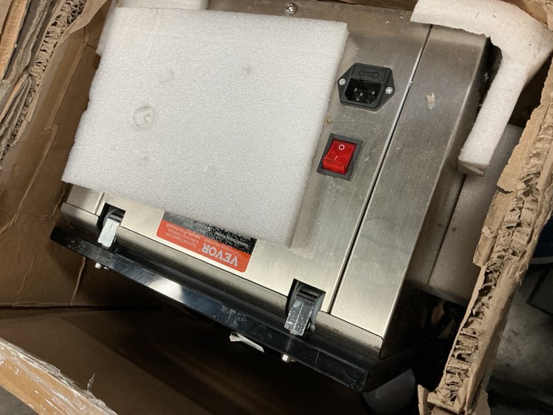 Condition photo showing As Is for vevor chamber vacuum sealer, 260w sealing power, vacuum packing machine for wet foods, meats, marinades and more, compact size with 10.2 in sealing length, applied in home kitchen 120w silver