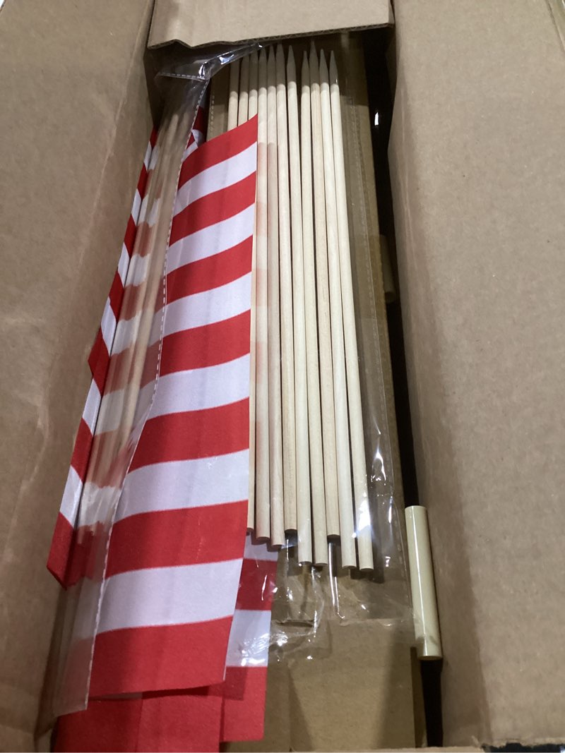Condition photo showing Good Condition for (incomplete) 24 pack 12x18 inch american flags for outside, us flags with kid-safe spear top, pluggable ground multi-purpose wood flagpole , patriotic decorations, memorial day, 4th of july decorations,independence day patriotic holiday yard garden flags