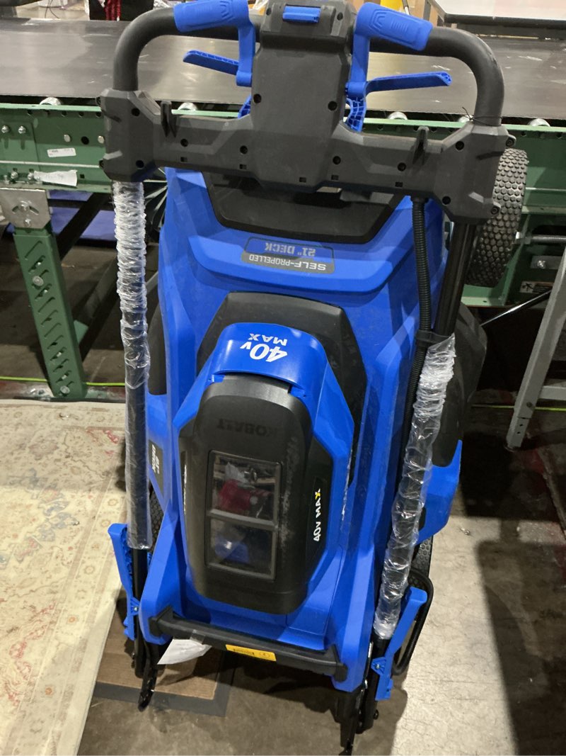 Condition photo showing As Is for kobalt 40v 21-in self-propelled mower + 15-in string trimmer