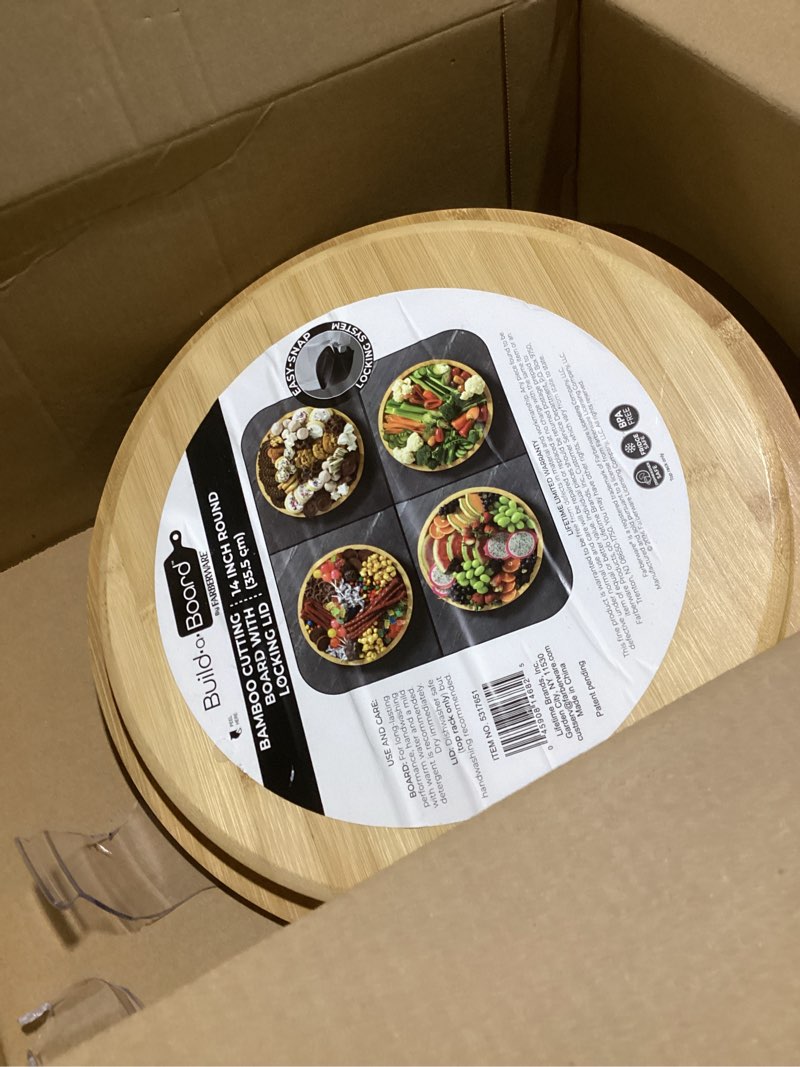 Condition photo showing As Is for farberware build-a-board cutting board with single compartment and clear locking lid for charcuterie, snacks, and more, bamboo