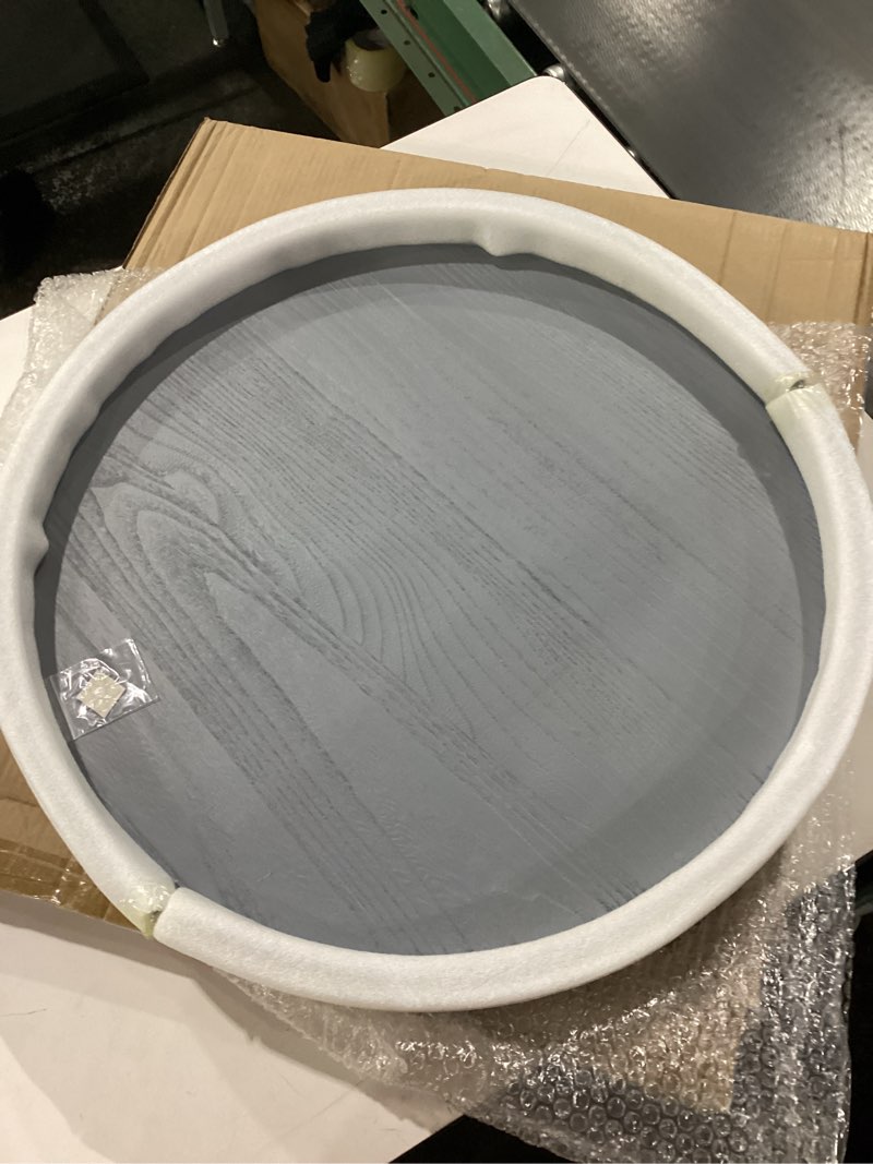 Condition photo showing New/Like New for Round Ottoman Table Tray Round-24 - Rustic Wooden Serving Tray for Farmhouse Decorative Oversized Coffee Table Trays Living Room Kitchen Counter Breakfast Grey 24" Gray
