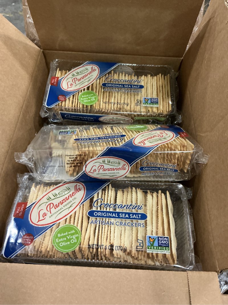 Condition photo showing New/Like New for ((b.b.y 10/mar/26))la panzanella croccantini original sea salt crackers (pack of 12) - light artisanal crackers charcuterie crackers non-gmo kosher 12 x 6 oz