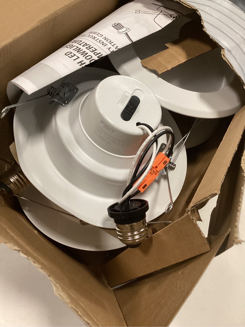 Condition photo showing As Is for 5/6 in. 925 Lumens Selectable 5CCT Dimmable Integrated LED Retrofit Recessed Light Baffle Trim, White 6-Pack