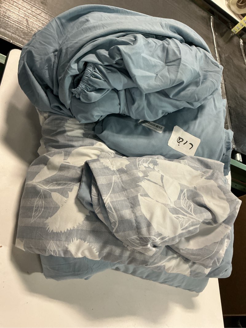 Condition photo showing As Is for Queen Comforter Set -7 Pieces Blue Floral Comforter Set for All Seasons, Bed in a Bag Queen with Botanical Flowers Comforter, Sheets, Pillowcases & Shams Dusk Blue Queen