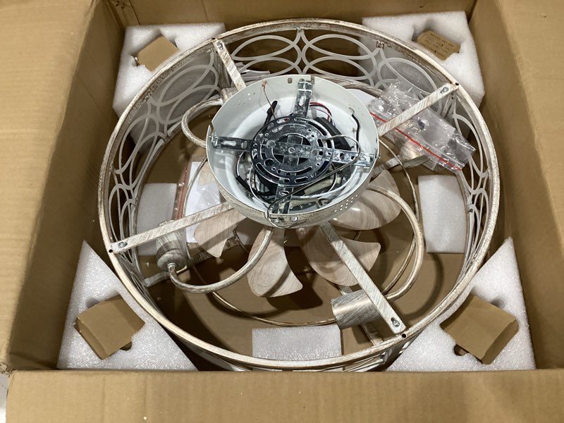 Condition photo showing As Is for 20" caged ceiling fan with light and remote?bladeless ceiling fan 6 speed reversible with 4 bulbs and remote control. with lights for bedroom, dining room