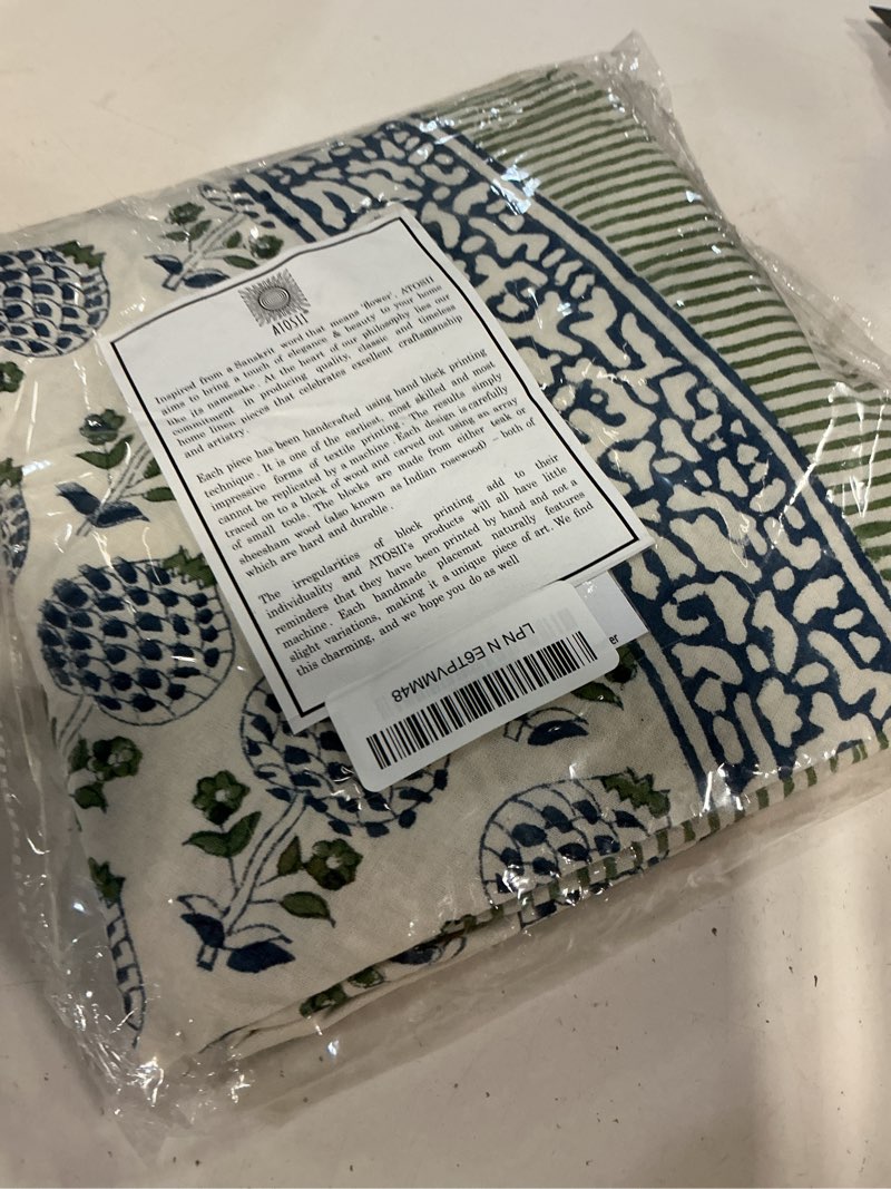 Condition photo showing New/Like New for atosii roma blue 100% cotton boho round fall tablecloth, handblock floral print table cloth linen for kitchen dining i parties, outdoors, weddings, christmas, thanksgiving decor 72" inches diameter roma blue 72" (round)