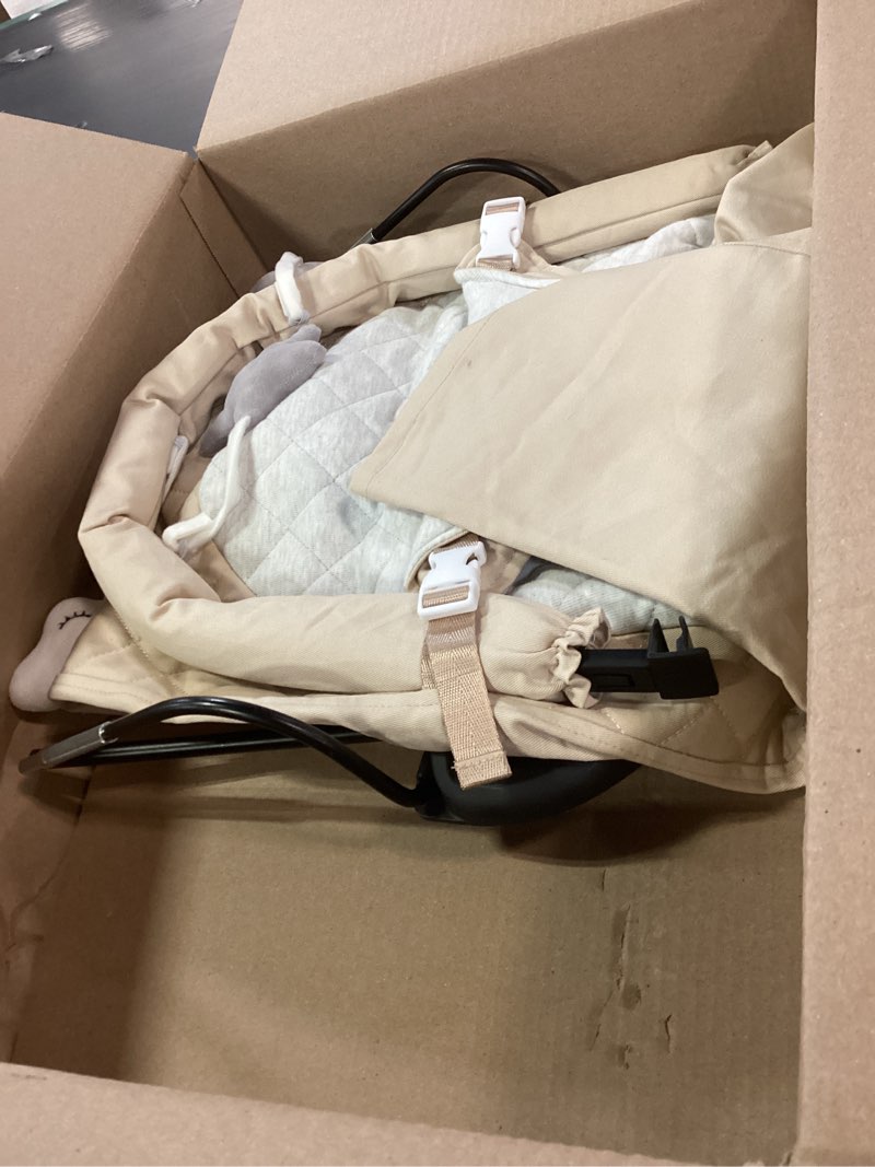 Condition photo showing As Is for HKAI Baby Bouncer, Portable Baby Bouncer Seat for Babies 0-18 Months, 100% Cotton Fabrics, 3 Modes of use with Rocker and Stationary Options, Infant Rocker Chair with Hanging Toys-Organic Oat