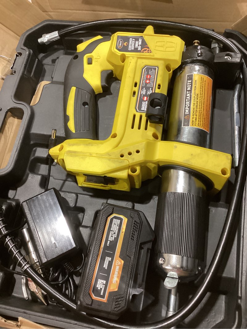 Condition photo showing As Is for Bravex Electric Grease Gun, Battery Powered 12,000 PSI Cordless Grease Gun 21V, 40” High Pressure Long Hose W/Quick Release Coupler Rechargeable Battery Pack Battery Grease Gun