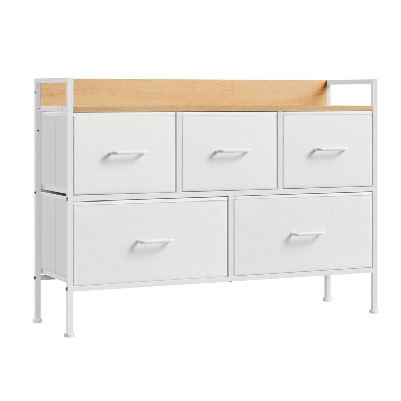 SONGMICS Chest of Drawers Storage Cabinet 5 Drawers Fabric with Handles Metal Frame Modern Style Cloud White and Oak Beige LTS135W01