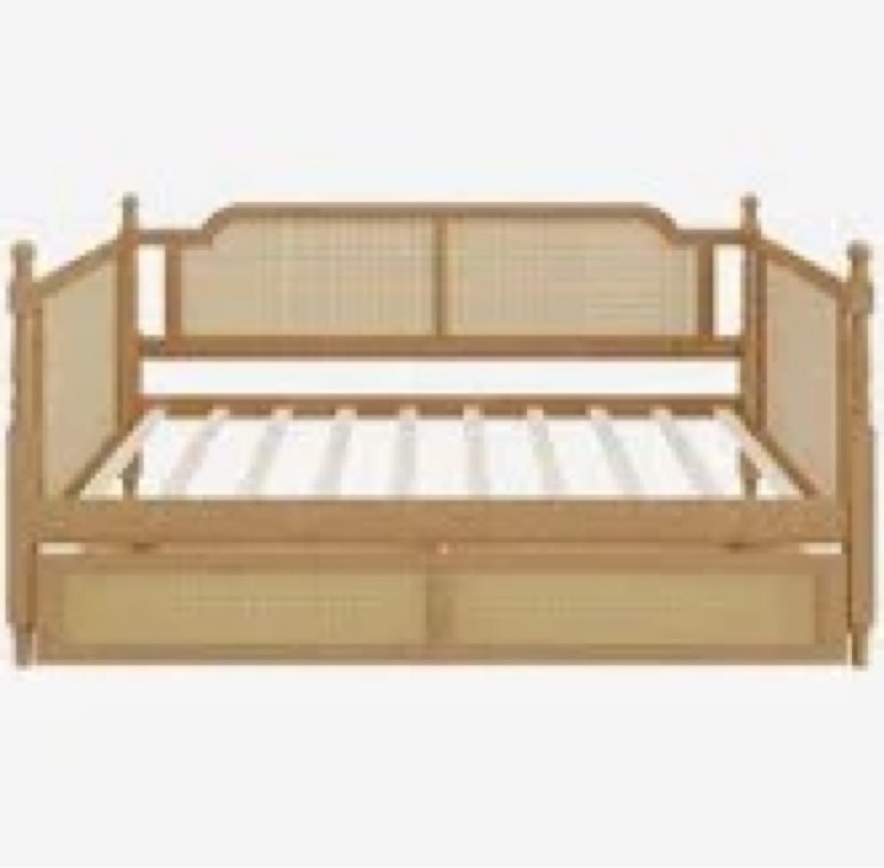 Traditional Style Rattan Full Size Daybed with 2 Drawers for Limited Space, Guest Room, No Box Spring Needed,Antique White. INCOMPLETE 